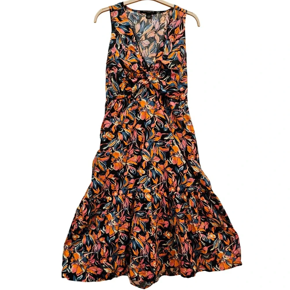French Connection Womens Floral Midi Dress Knot Front Tiered Cotton Multi L‎
